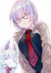  fate/grand_order fate_(series) fou_(fate/grand_order) glasses hair_over_one_eye highres lavender_hair looking_at_viewer mash_kyrielight necktie purple_eyes red_neckwear saijou_haruki short_hair simple_background white_background 