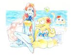  alphys anthro beach blue_skin clothing eye_patch eyewear female fish hair hair_over_eye jamjyamoon long_hair marine partially_submerged sea seaside smile undertale undyne video_games water yellow_skin 