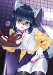  1girl artist_request breasts dog furry groping open_mouth panties red_eyes short_hair solo stocking 