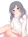  bad_id bad_twitter_id bare_legs blush closed_mouth copyright_request empty_eyes eyebrows_visible_through_hair highres jitome knees_together_feet_apart long_hair long_sleeves looking_at_viewer purple_hair sekina simple_background sitting solo sweater white_background white_sweater 