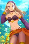  ass_visible_through_thighs bare_shoulders bikini black_bikini black_neckwear blonde_hair blue_sky breasts cameltoe choker circlet cleavage closed_mouth cloud collarbone commentary_request cowboy_shot dancer day detached_sleeves dragon_quest dragon_quest_xi forehead frills from_below hair_pulled_back hand_up headband highres kz_ripo long_hair long_sleeves looking_at_viewer looking_down navel necktie outdoors petals purple_eyes senya_(dq11) sky small_breasts smile solo standing stomach strapless strapless_bikini swimsuit tareme thigh_strap thighs twitter_username 