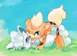  2017 alolan_vulpix ambiguous_gender black_fur black_nose blue_eyes blue_fur blue_nose blush cute duo feral fur grass growlithe lying nintendo on_back orange_fur outside paws pok&eacute;mon pok&eacute;mon_(species) rag._(artist) regional_variant sky tongue tongue_out video_games white_fur 