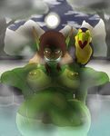  2017 areola bath bathing bite_mark blonde_hair blush breasts brown_hair digital_drawing_(artwork) digital_media_(artwork) elf female geier green_skin hair humanoid hybrid long_ears looking_at_viewer multicolored_hair muscular nipple_piercing nipples not_furry nude orc outside piercing red_eyes scar solo suntan tan_line teeth tusks two_tone_hair water wet 