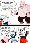  2017 4_fingers absurd_res animate_inanimate anthro clothed clothing cuphead_(character) cuphead_(game) dialogue digital_media_(artwork) gloves hi_res knife larger_male male mammal marl-pigface mugman object_head overweight pig porcine size_difference smaller_male straw sweat wallet 