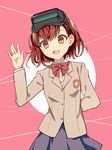  :d \||/ arm_behind_back bangs black-framed_eyewear blazer bow bowtie brown_eyes brown_hair brown_jacket cowboy_shot emblem eyebrows_visible_through_hair goggles goggles_on_head highres jacket long_sleeves misaka_imouto open_mouth pink_background purple_skirt red_bow red_neckwear sada_(sadahalu) short_hair skirt smile solo standing tareme to_aru_majutsu_no_index tokiwadai_school_uniform two-tone_background waving 