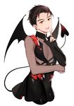  alternate_eye_color black_hair demon_horns demon_tail demon_wings fang hair_slicked_back horns index_finger_raised katsuki_yuuri male_focus open_mouth red_eyes slit_pupils smile tail uhouho14 wings yuri!!!_on_ice 