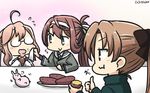  :d ahoge akigumo_(kantai_collection) asagumo_(kantai_collection) blue_neckwear brown_eyes brown_hair bunny commentary dated flying_sweatdrops food food_on_face glasses hamu_koutarou highres holding holding_food kantai_collection long_hair long_sleeves makigumo_(kantai_collection) multiple_girls necktie open_mouth pink_hair ponytail shirt sleeves_past_wrists smile sweet_potato thumbs_up white_shirt wiping_mouth 
