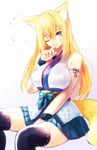  animal_ear_fluff animal_ears bad_id bad_pixiv_id blonde_hair blue_eyes breasts fox_ears fox_tail futaba_aoi japanese_clothes large_breasts long_hair looking_at_viewer naomi_(sekai_no_hate_no_kissaten) one_eye_closed original pleated_skirt simple_background sitting skirt sleeveless solo tail thighhighs 