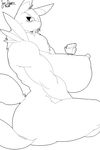  2017 anthro big_breasts black_sclera blush breasts canine digimon female fur hair hair_over_eye huge_breasts mammal monochrome nipples nude opqhlak renamon side_boob simple_background sitting solo sweat sweatdrop thick_thighs tuft voluptuous white_background wide_hips 