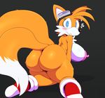  2017 absurd_res anthro big_breasts big_butt blue_eyes blush breasts bubble_butt butt canine clothing crossgender edit embarrassed erect_nipples eyewear female footwear fox fur goggles grey_background hi_res huge_butt looking_at_viewer looking_back mammal miles_prower mostly_nude multi_tail nipples simple_background snopythepurv solo sonic_(series) sssonic2 thick_thighs wide_hips 
