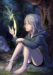  absurdres barefoot blue_eyes book eye_contact fairy grass green_cloak grey_hair highres hood hood_down looking_at_another nature night open_mouth original outdoors paper parted_lips rock sitting tree wilson_zhu 