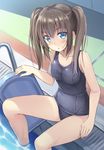  :o alternate_costume arm_at_side bangs bare_arms bare_shoulders blue_swimsuit blush breasts brown_hair collarbone eyebrows_visible_through_hair kageira long_hair looking_at_viewer medium_breasts one-piece_swimsuit open_mouth original pool pool_ladder poolside school_swimsuit sitting soaking_feet solo swimsuit tareme thighs twintails water 