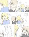  ... 3girls ? adjusting_hair ahoge black_shirt blonde_hair blue_shirt blush comic eighth_note fate/grand_order fate_(series) highres jeanne_d'arc_(alter)_(fate) jeanne_d'arc_(fate) jeanne_d'arc_(fate)_(all) jeanne_d'arc_alter_santa_lily long_hair long_sleeves multiple_girls multiple_persona musical_note no_nose o_o poking shirt sketch spoken_ellipsis spoken_interrobang spoken_musical_note spoken_question_mark the_iizumi translation_request trembling troll_face upper_body white_shirt yellow_eyes 