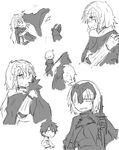  &gt;_&lt; 2girls ? ahoge anger_vein chibi cloak command_spell dual_persona fate/grand_order fate_(series) fujimaru_ritsuka_(male) gauntlets greyscale headpiece highres holding holding_sword holding_weapon injury jeanne_d'arc_(alter)_(fate) jeanne_d'arc_(fate) jeanne_d'arc_(fate)_(all) long_hair long_sleeves looking_at_viewer monochrome multiple_girls short_hair sketch sweat sword the_iizumi weapon white_background 