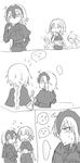  4girls ^_^ ahoge blush braid closed_eyes comic dual_persona eating fate/grand_order fate_(series) feeding flying_sweatdrops food fujimaru_ritsuka_(female) glasses greyscale head_rest highres jeanne_d'arc_(alter)_(fate) jeanne_d'arc_(fate) jeanne_d'arc_(fate)_(all) long_braid looking_at_another mash_kyrielight monochrome multiple_girls no_nose open_mouth popsicle short_hair silent_comic single_braid sketch spoken_ellipsis sweat the_iizumi white_background yuri 