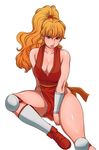  1girl bare_shoulders blonde_hair breasts brown_eyes cleavage large_breasts long_hair looking_at_viewer matoyama orange_hair sitting solo white_background 