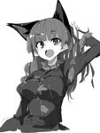 animal_ears bangs blunt_bangs bow breasts cat_ears dress extra_ears greyscale hair_bow hair_down hand_up juliet_sleeves kaenbyou_rin kamukamu_(ars) long_hair long_sleeves looking_at_viewer medium_breasts monochrome open_mouth puffy_sleeves simple_background solo touhou upper_body white_background 