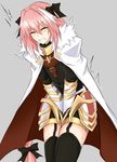  astolfo_(fate) black_bow bow braid cape clenched_teeth closed_eyes commentary_request fang fate/apocrypha fate_(series) garter_straps hair_bow long_hair male_focus otoko_no_ko pink_hair piro_(iiiiiiiiii) solo tears teeth thighhighs white_cape zettai_ryouiki 