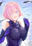  :d bird blush breasts elbow_gloves fate/grand_order fate_(series) gloves highres looking_at_viewer mash_kyrielight medium_breasts open_mouth pink_hair purple_eyes saijou_haruki short_hair smile solo upper_body 