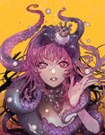  bangs crown detached_collar eyebrows_visible_through_hair hair_ornament heterochromia jewelry locket looking_at_viewer mini_crown mouth_hold oollnoxlloo orange_background parted_lips pearl pendant pink_eyes pink_hair purple_eyes signature solo suction_cups tentacles 