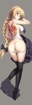  3: absurdres akita_hika arm_up ass back_tattoo black_legwear blonde_hair blush bow braid breasts commentary_request dakimakura fate/apocrypha fate_(series) from_behind full_body grey_background hair_bow halter_top halterneck highres jeanne_d'arc_(fate) jeanne_d'arc_(fate)_(all) large_breasts long_hair looking_back no_shoes panties panty_pull purple_eyes shorts shorts_around_one_leg shoulder_blades sideboob simple_background single_braid solo tattoo tears thighhighs underwear unfinished very_long_hair white_panties work_in_progress 