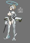  aircraft american_flag ass_visible_through_thighs breasts brown_hair cleavage commentary_request covered_navel dark_background gun helicopter helmet large_breasts leotard mecha_musume mikoyan military military_vehicle missile_pod original personification ponytail revealing_clothes rotor rudder_shoes simple_background solo weapon wings yellow_eyes 