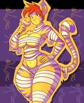  2014 anthro bandage big_breasts breasts candy cat costume disappointed eating feline female food green_eyes hair halloween hand_on_hip holidays jaeh jahe loree mammal orange_hair solo stripes thick_thighs voluptuous wide_hips 