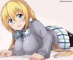  :d bangs banned_artist beige_background black_legwear black_shirt blend_s blonde_hair blue_eyes bow bowtie breasts collared_shirt commentary eyebrows_visible_through_hair grey_sweater hair_between_eyes head_tilt hinata_kaho large_breasts long_hair long_sleeves looking_at_viewer lying on_stomach open_mouth pantyhose plaid plaid_bow plaid_neckwear plaid_skirt pleated_skirt school_uniform shirt simple_background skirt smile solo sweater tasora twintails twitter_username very_long_hair white_neckwear white_skirt 