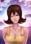  artist_request breasts brown_hair final_fantasy final_fantasy_viii flipped_hair green_eyes large_breasts selphie_tilmitt short_hair smile solo 