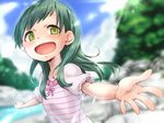  :d bangs blue_sky blurry blurry_background blush bow breasts cloud cloudy_sky collarbone day depth_of_field esoragoto eyebrows_visible_through_hair green_eyes green_hair highres looking_at_viewer minobiyo minori_(minobiyo) open_mouth outdoors outstretched_arms pink_bow pink_shirt puffy_short_sleeves puffy_sleeves shirt short_sleeves sky small_breasts smile solo spread_arms stream striped striped_shirt tareme tree upper_body 