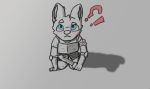  2018 anthro armor blue_eyes blush canine embarrassed gongwool(artist) hair kneeling looking_at_viewer male mammal melee_weapon short_hair simple_background sword symbol weapon wolf 