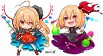 ahoge alternate_costume artist_name ascot bad_id bad_twitter_id black_dress blonde_hair boots cape chibi closed_mouth commentary_request dress fang_out flandre_scarlet gotoh510 hair_between_eyes hair_ribbon highres holding holding_weapon looking_at_viewer multiple_girls open_mouth pointy_ears purple_footwear rapier red_eyes red_footwear red_ribbon red_skirt ribbon round-bottom_flask rumia sharp_teeth signature simple_background skirt smile sword teeth touhou uneven_eyes weapon white_background wings 