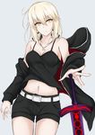  artoria_pendragon_(all) bare_shoulders belt black_shorts blonde_hair breasts cleavage commentary_request fate/grand_order fate/stay_night fate_(series) hood hooded_jacket jacket looking_at_viewer medium_breasts midriff off_shoulder piro_(iiiiiiiiii) saber_alter short_shorts shorts solo spaghetti_strap sword weapon white_belt yellow_eyes 