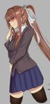  black_legwear blazer blue_skirt blush brown_hair brown_vest buttons cropped_legs doki_doki_literature_club eyebrows_visible_through_hair from_side green_eyes grey_background hair_ribbon half-closed_eyes hand_on_hip hand_on_own_face highres jacket long_hair long_sleeves looking_at_viewer monika_(doki_doki_literature_club) neck_ribbon otxoa60 pleated_skirt ponytail profile red_neckwear ribbon school_uniform shirt sidelocks simple_background skirt smile smug solo thighhighs very_long_hair vest white_ribbon white_shirt wing_collar zettai_ryouiki 