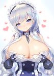  azur_lane belfast_(azur_lane) blue_eyes blurry blush braid breasts chain cleavage closed_mouth collar depth_of_field french_braid frill_trim gloves hair_over_shoulder head_tilt heart highres huge_breasts long_hair looking_at_viewer maid_headdress mamuru side_braid silver_hair simple_background single_braid single_sidelock smile solo underbust vambraces white_gloves 