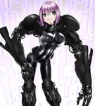  blue_eyes bodysuit breasts commentary_request cyberpunk cyborg hand_on_hip large_breasts long_arms mechanical_arm mechanical_legs metal_akira original pistons purple_hair short_hair smile 