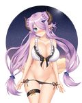 absurdres ass_visible_through_thighs bikini bikini_pull blue_eyes blush braid breasts butterfly_earrings cameltoe cowboy_shot demon_horns draph front-tie_top granblue_fantasy hair_ornament hair_over_one_eye highres horns keshigomu large_breasts lavender_hair lock long_hair looking_at_viewer low_twintails narmaya_(granblue_fantasy) navel nose_blush pointy_ears shiny shiny_skin side-tie_bikini skindentation smile swimsuit thigh_gap thigh_strap transparent_background twin_braids twintails very_long_hair white_bikini 