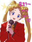  :d bangs bishoujo_senshi_sailor_moon blazer blue_eyes cosplay crescent crescent_earrings double_bun earrings head_tilt holding holding_microphone jacket jewelry long_hair mayo_(becky2006) microphone music necktie open_mouth parted_bangs red_jacket seiya_kou seiya_kou_(cosplay) simple_background singing smile solo star teeth tsukino_usagi twintails 