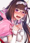  black_hair blush breasts brown_hair cloak commentary_request detached_sleeves fate/grand_order fate_(series) glasses hairband hands_up highres hood large_breasts long_hair looking_at_viewer nose_blush open_mouth osakabe-hime_(fate/grand_order) purple_eyes red-framed_eyewear ryokucha_(i_cobalt) simple_background sweat teeth upper_body white_background 