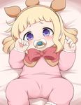  1girl baby bangs blonde_hair blush bow cagliostro_(granblue_fantasy) female flat_chest fooyuta granblue_fantasy long_hair long_sleeves looking_at_viewer lying on_back pacifier purple_eyes solo spread_legs younger 