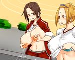  2girls abs artist_request blonde_hair blue_bra blush breast_squeeze breasts brown_eyes brown_hair headband lactation lactation_through_clothes large_breasts milk multiple_girls nipples open_shirt sweat sweatdrop track track_jacket track_pants track_suit 
