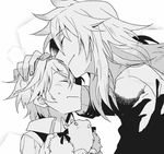  animal bangs black_ribbon closed_eyes commentary eyebrows_visible_through_hair fate/apocrypha fate_(series) from_side fur_trim greyscale hair_ribbon hand_on_another's_head holding holding_animal long_hair male_focus monochrome multiple_boys ribbon shirt short_hair sieg_(fate/apocrypha) siegfried_(fate) simple_background sweat takasaki_(rock_rock) yaoi 
