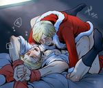  2boys anal axis_powers_hetalia bed blonde_hair blush christmas clothed_sex cum drooling eyes_closed finland_(hetalia) male_focus moaning multiple_boys muscle nipples open_mouth open_shirt pecs penetration ribbon saliva santa_costume sex shirt socks sweat sweden_(hetalia) teeth tongue wince yaoi 