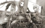  ahoge blurry blurry_background chito_(shoujo_shuumatsu_ryokou) commentary_request fur_trim gate grass greyscale half-track hood hood_down keane912 kettenkrad monochrome multiple_girls shoujo_shuumatsu_ryokou sitting sketch uniform yuuri_(shoujo_shuumatsu_ryokou) 