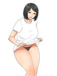  1girl black_hair breasts brown_eyes large_breasts looking_at_viewer matoyama panties shirt shirt_lift short_hair smile solo underwear white_background 