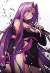  breasts cleavage cleavage_cutout commentary_request detached_sleeves dress facial_mark fate/grand_order fate/stay_night fate_(series) forehead_mark large_breasts long_hair mkd78236 purple_hair rider side_cutout solo strapless strapless_dress very_long_hair 