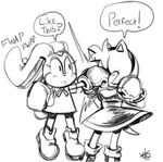  amy_rose anthro black_and_white boxing_gloves clothing cream_the_rabbit dialogue dress duo english_text eyelashes female floating footwear hedgehog lagomorph mammal monochrome punch rabbit shoes sonic_(series) sound_effects speech_bubble text yotomoe young 
