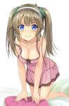  all_fours bangs bare_legs barefoot blue_eyes blunt_bangs blurry breasts brown_hair cleavage closed_mouth collarbone depth_of_field eyebrows_visible_through_hair frills full_body hairband highres kageira lingerie lips long_hair looking_at_viewer medium_breasts minori_(senran_kagura) negligee panties pink_panties see-through senran_kagura side-tie_panties simple_background smile solo strap_slip tareme twintails underwear underwear_only white_background white_hairband 