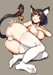  animal_ears ass azur_lane bell black_hair breasts brown_background cat_ears cat_tail censored fang full_body highres ikomochi jingle_bell large_breasts lying nipples novelty_censor nude on_side open_mouth red_eyes short_hair simple_background solo sweatdrop tail tail_bell thighhighs white_legwear yamashiro_(azur_lane) 