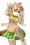  animal_ears aono3 ass_visible_through_thighs beige_legwear black-tailed_prairie_dog_(kemono_friends) breasts brown_eyes brown_hair character_name double_v fur_trim green_neckwear green_skirt japari_symbol kemono_friends knee_up long_sleeves looking_at_viewer medium_breasts open_mouth outline panties pantyshot pantyshot_(standing) plaid plaid_skirt pleated_skirt prairie_dog_ears prairie_dog_tail skirt smile solo standing striped striped_panties tail underwear v white_hair white_legwear white_panties yellow_panties 